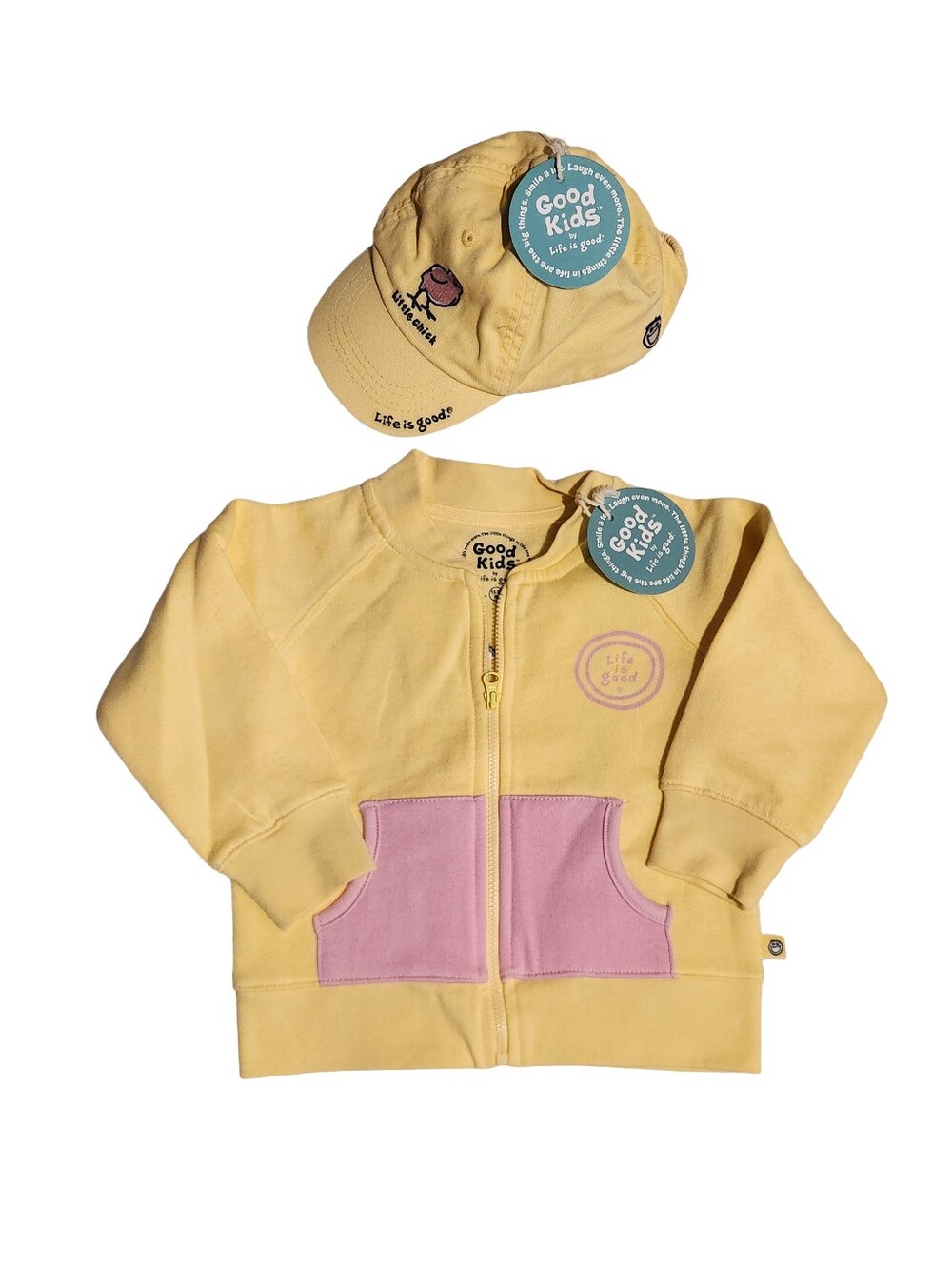 Life is Good NWT Baby Girl 18-24M Yellow 100% Cotton Zip Jacket Hat Set Chick